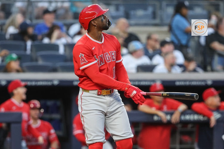 Apr 14, 2026; Bronx, New York, USA; Los Angeles Angels designated hitter Jorge Soler (12) hits a solo home run in the first inning against the New York Yankees at Yankee Stadium. Credit: Wendell Cruz-Imagn Images