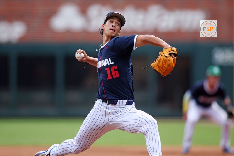 Jul 12, 2025; Atlanta, GA, USA;  National League pitcher Jonah Tong (16) throws a pitch during the second inning against American League at Truist Park. Credit: Brett Davis-Imagn Images