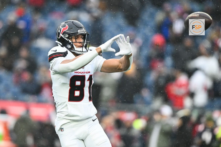 Jan 18, 2026; Foxborough, MA, USA; Houston Texans wide receiver Jayden Higgins (81) warms up before an AFC Divisional Round game against the New England Patriots at Gillette Stadium. Credit: Brian Fluharty-Imagn Images