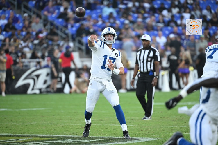 Aug 7, 2025; Baltimore, Maryland, USA; Indianapolis Colts quarterback Daniel Jones (17) attempts a pass against the Baltimore Ravens during the first quarter at M&T Bank Stadium. Credit: Rafael Suanes-Imagn Images