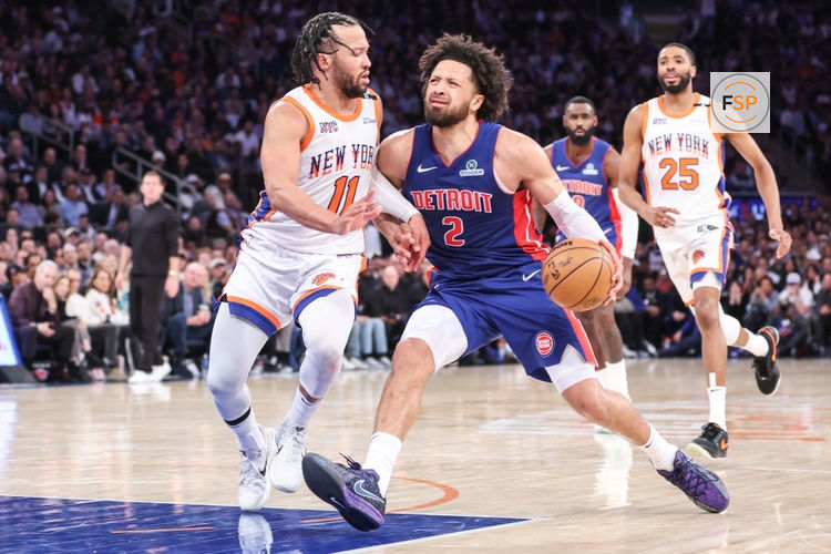 Apr 29, 2025; New York, New York, USA; Detroit Pistons guard Cade Cunningham (2) drives against New York Knicks guard Jalen Brunson (11) in the fourth quarter during game five of first round for the 2025 NBA Playoffs at Madison Square Garden. Credit: Wendell Cruz-Imagn Images