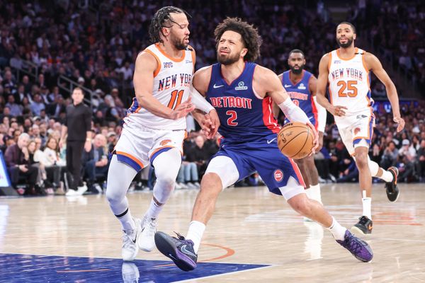 Apr 29, 2025; New York, New York, USA; Detroit Pistons guard Cade Cunningham (2) drives against New York Knicks guard Jalen Brunson (11) in the fourth quarter during game five of first round for the 2025 NBA Playoffs at Madison Square Garden. Mandatory Credit: Wendell Cruz-Imagn Images