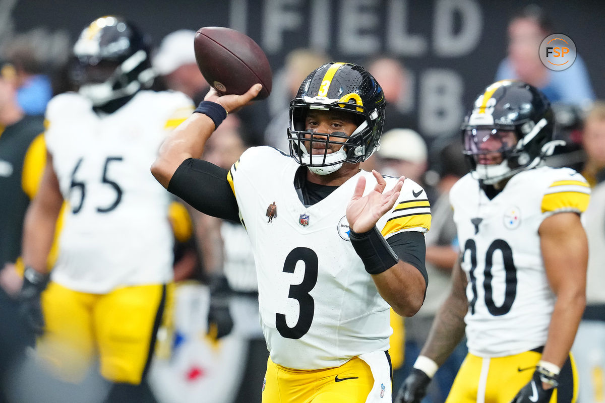 Oct 13, 2024; Paradise, Nevada, USA; Pittsburgh Steelers quarterback Russell Wilson (3) warms up before a game against the Las Vegas Raiders at Allegiant Stadium. Credit: Stephen R. Sylvanie-Imagn Images