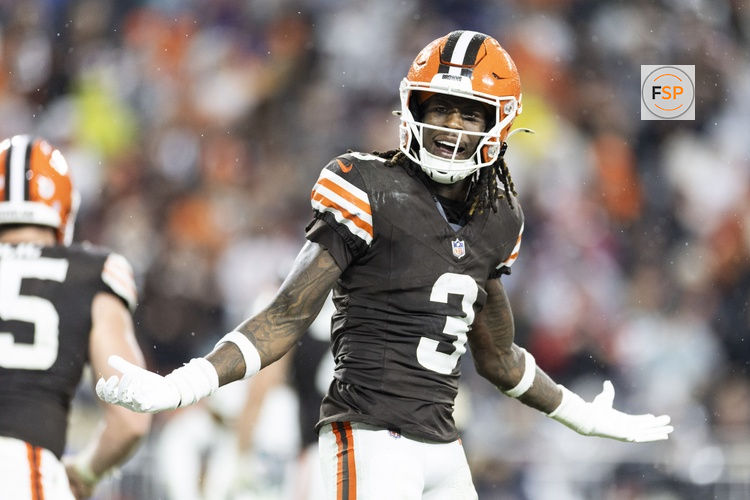 Dec 29, 2024; Cleveland, Ohio, USA; Cleveland Browns wide receiver Jerry Jeudy (3) argues for a penalty flag against the Miami Dolphins during the fourth quarter at Huntington Bank Field. Credit: Scott Galvin-Imagn Images