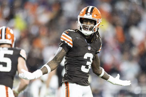 Dec 29, 2024; Cleveland, Ohio, USA; Cleveland Browns wide receiver Jerry Jeudy (3) argues for a penalty flag against the Miami Dolphins during the fourth quarter at Huntington Bank Field. Mandatory Credit: Scott Galvin-Imagn Images