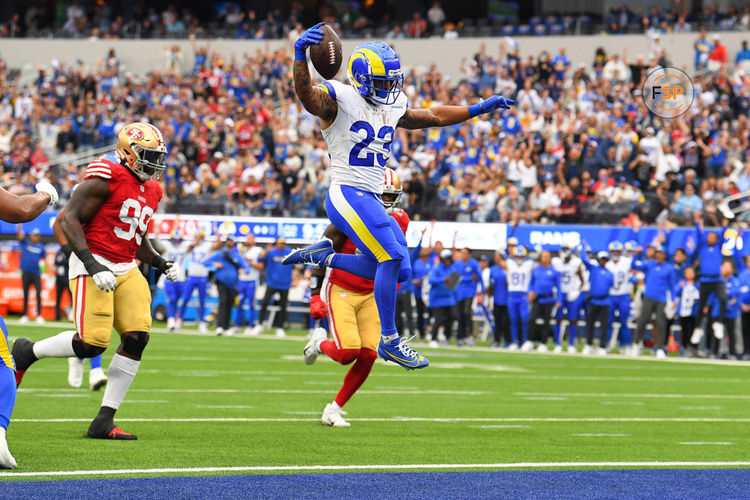 INGLEWOOD, CA - SEPTEMBER 17: Los Angeles Rams running back Kyren Williams (23) jumps in the end zone for a touchdown during the NFL game between the San Francisco 49ers and the Los Angeles Rams on September 17, 2023, at SoFi Stadium in Inglewood, CA. (Photo by Brian Rothmuller/Icon Sportswire)