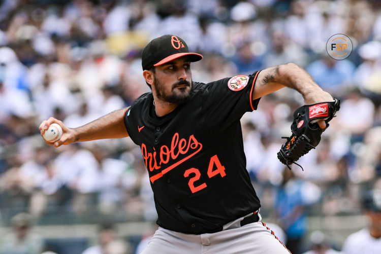 Jun 21, 2025; Bronx, New York, USA; Baltimore Orioles pitcher Zach Eflin (24) pitches against the New York Yankees during the first inning at Yankee Stadium. Credit: John Jones-Imagn Images