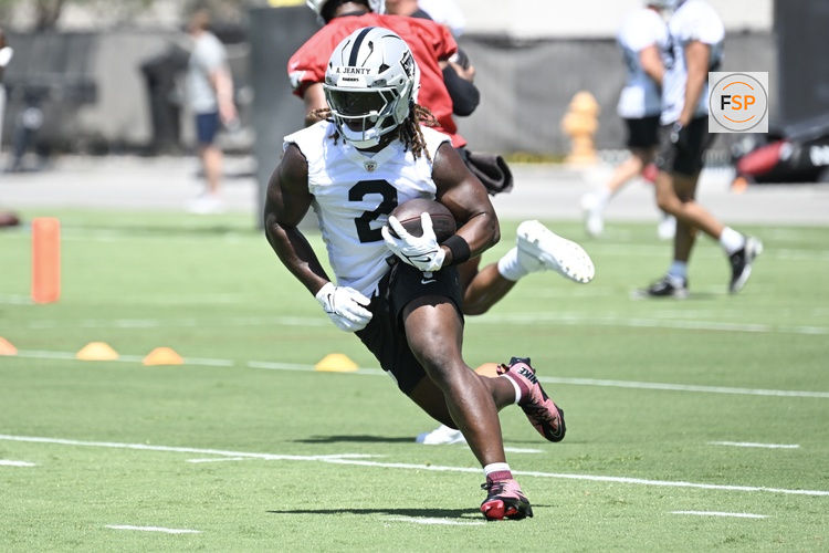 Jun 10, 2025; Henderson, NV, USA; Las Vegas Raiders running back Ashton Jeanty (2) runs through a drill during Las Vegas Raiders Minicamp at Intermountain Health Performance Center. Credit: Candice Ward-Imagn Images