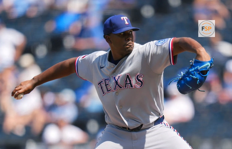 Jun 11, 2026; Kansas City, Missouri, USA; Texas Rangers pitcher Kumar Rocker (80) pitches during the first inning against the Kansas City Royals at Kauffman Stadium. Credit: Jay Biggerstaff-Imagn Images