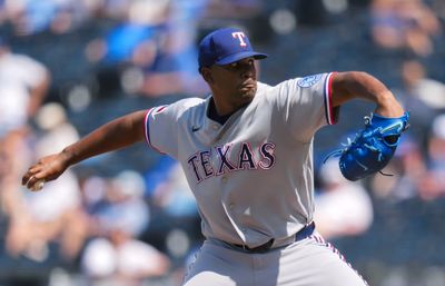 Jun 11, 2026; Kansas City, Missouri, USA; Texas Rangers pitcher Kumar Rocker (80) pitches during the first inning against the Kansas City Royals at Kauffman Stadium. Mandatory Credit: Jay Biggerstaff-Imagn Images