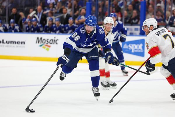 Oct 2, 2025; Tampa, Florida, USA; Tampa Bay Lightning right wing Nikita Kucherov (86) controls the puck against the Florida Panthers in the first period at Benchmark International Arena. Mandatory Credit: Nathan Ray Seebeck-Imagn Images