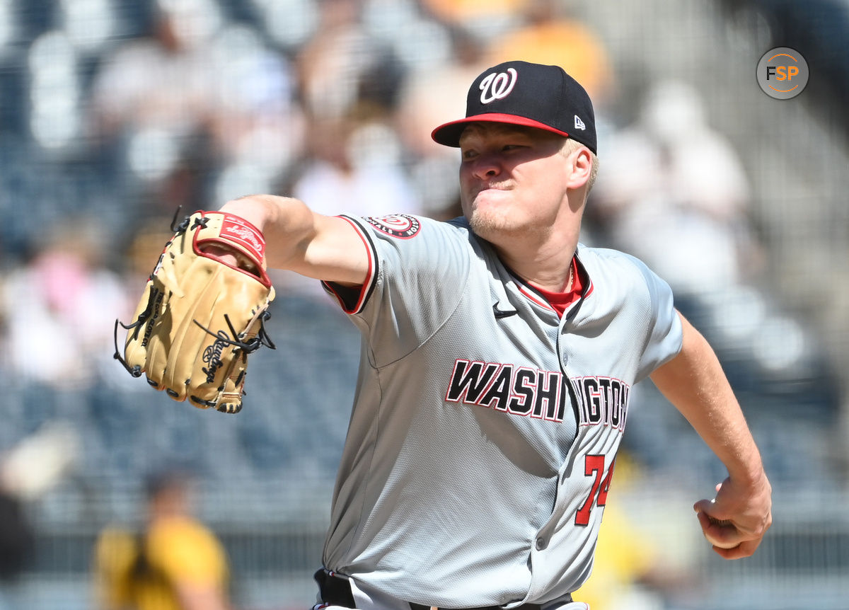 Sep 7, 2024; Pittsburgh, Pennsylvania, USA; Washington Nationals starting pitcher DJ Herz (74) throws to the Pittsburgh Pirates during the second inning at PNC Park. Credit: Philip G. Pavely-Imagn Images