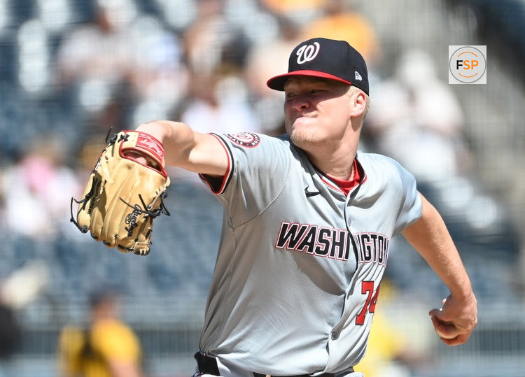 Sep 7, 2024; Pittsburgh, Pennsylvania, USA; Washington Nationals starting pitcher DJ Herz (74) throws to the Pittsburgh Pirates during the second inning at PNC Park. Credit: Philip G. Pavely-Imagn Images