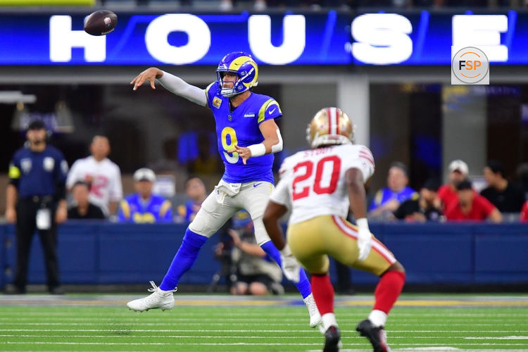 Oct 2, 2025; Inglewood, California, USA; Los Angeles Rams quarterback Matthew Stafford (9) throws a pass against the San Francisco 49ers during the first half at SoFi Stadium. Credit: Gary A. Vasquez-Imagn Images
