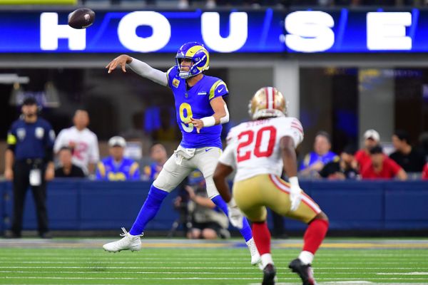 Oct 2, 2025; Inglewood, California, USA; Los Angeles Rams quarterback Matthew Stafford (9) throws a pass against the San Francisco 49ers during the first half at SoFi Stadium. Mandatory Credit: Gary A. Vasquez-Imagn Images