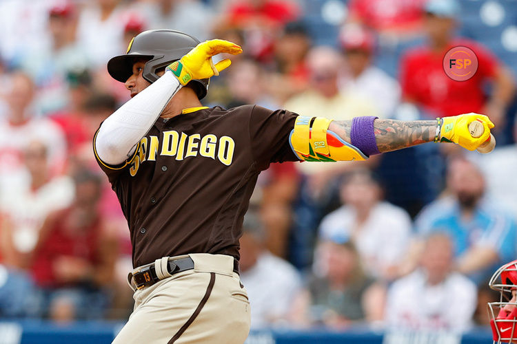 PHILADELPHIA, PA - JULY 14:  Manny Machado #13 of the San Diego Padres at bat during the game against the Philadelphia Phillies at Citizens Bank Park on July 14, 2023 in Philadelphia, Pennsylvania.  (Photo by Rich Graessle/Icon Sportswire)