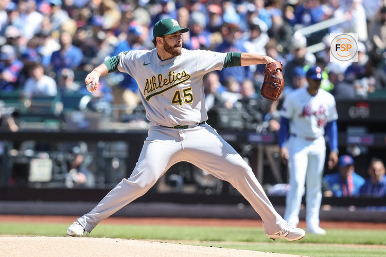 Apr 12, 2026; New York City, New York, USA;  Athletics starting pitcher Aaron Civale (45) pitches in the first inning against the New York Mets at Citi Field. Credit: Wendell Cruz-Imagn Images