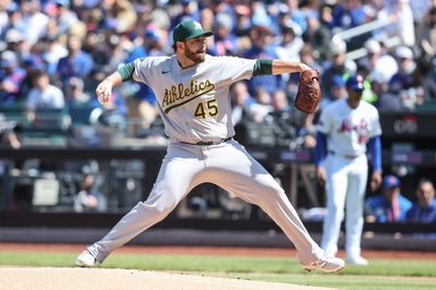 Apr 12, 2026; New York City, New York, USA;  Athletics starting pitcher Aaron Civale (45) pitches in the first inning against the New York Mets at Citi Field. Mandatory Credit: Wendell Cruz-Imagn Images