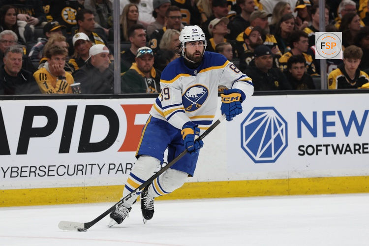 May 1, 2026; Boston, Massachusetts, USA; Buffalo Sabres right wing Alex Tuch (89) looks to pass against the Boston Bruins during the third period of game six of the first round of the 2026 Stanley Cup Playoffs at TD Garden. Credit: Winslow Townson-Imagn Images