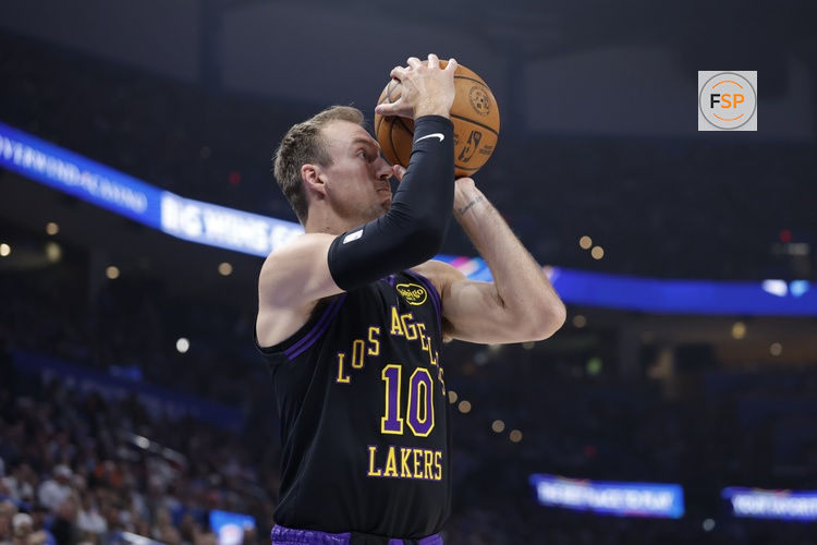Apr 2, 2026; Oklahoma City, Oklahoma, USA; Los Angeles Lakers guard Luke Kennard (10) lines up a shot against the Oklahoma City Thunder during the first quarter at Paycom Center. Credit: Alonzo Adams-Imagn Images