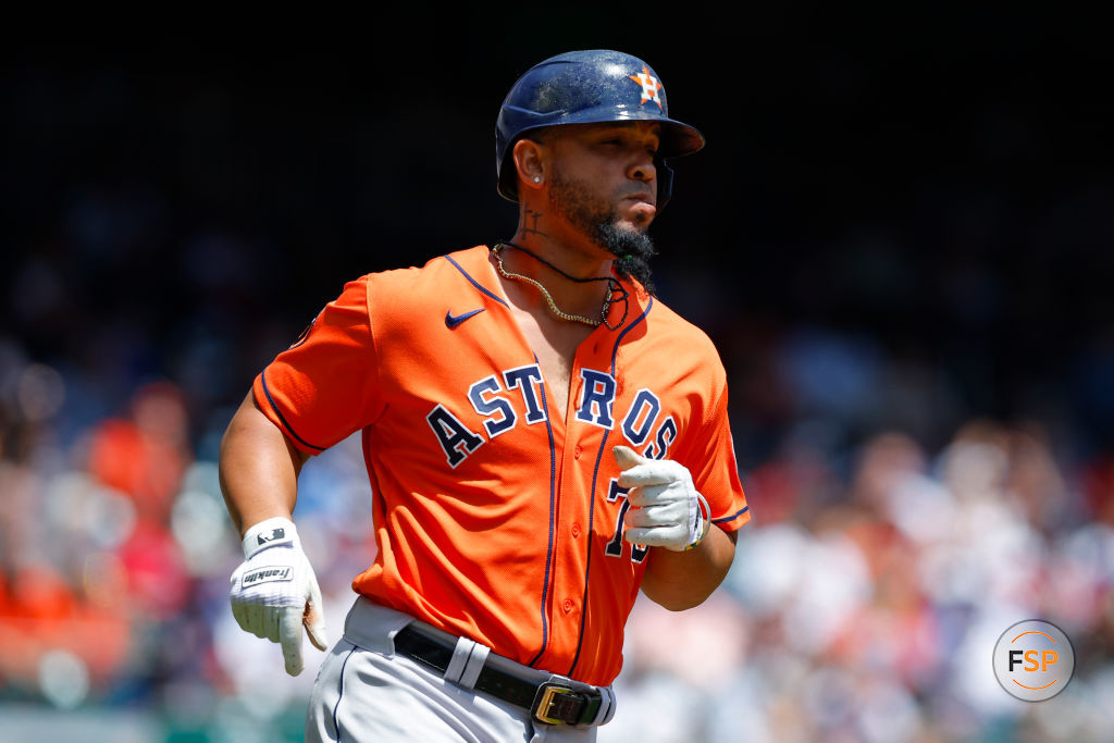 ATLANTA, GA - APRIL 23: Jose Abreu #79 of the Houston Astros runs to first for a single during the second inning against the Atlanta Braves at Truist Park on April 23, 2023 in Atlanta, Georgia. (Photo by Todd Kirkland/Getty Images) *** Local Caption *** Jose Abreu