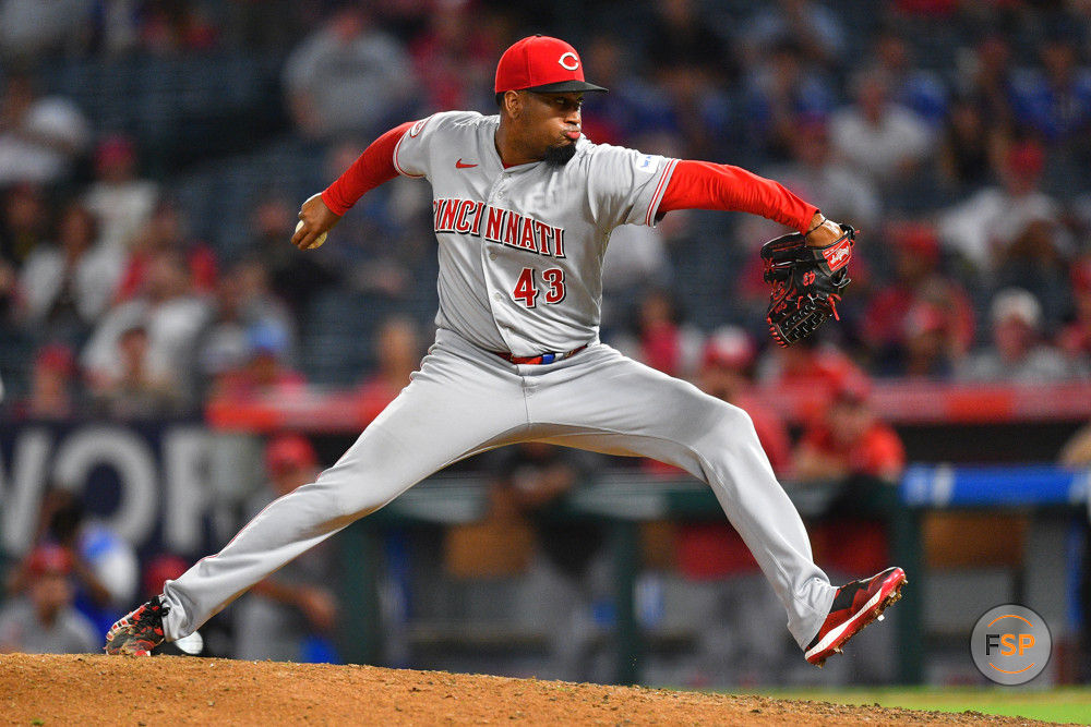ANAHEIM, CA - AUGUST 23: Cincinnati Reds pitcher Alexis Diaz (43) throws a pitch during the MLB game 2 of a doubleheader between the Cincinnati Reds and the Los Angeles Angels of Anaheim on August 23, 2023 at Angel Stadium of Anaheim in Anaheim, CA. (Photo by Brian Rothmuller/Icon Sportswire)
