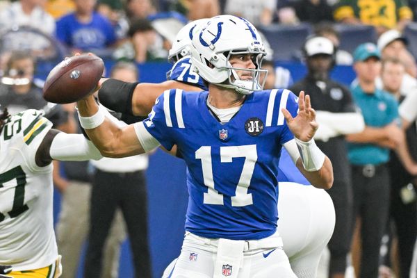 Aug 16, 2025; Indianapolis, Indiana, USA; Indianapolis Colts quarterback Daniel Jones (17) throws a pass during the first half against the Green Bay Packers at Lucas Oil Stadium. Mandatory Credit: Robert Goddin-Imagn Images