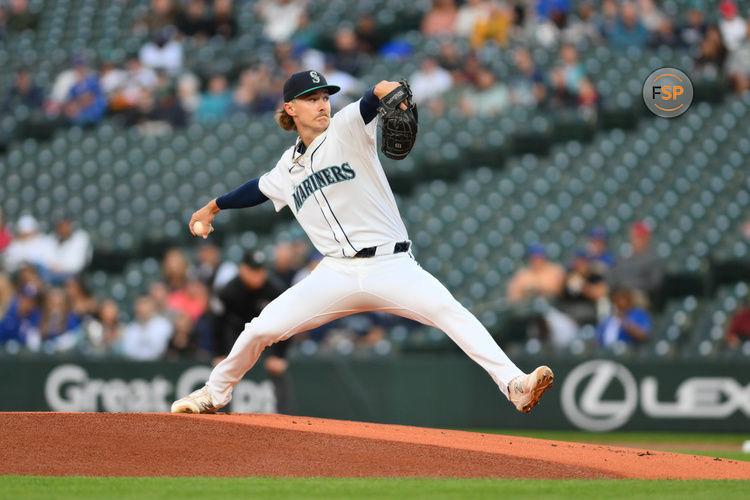 Sep 12, 2024; Seattle, Washington, USA; Seattle Mariners starting pitcher Bryce Miller (50) pitches to the Texas Rangers during the first inning at T-Mobile Park. Credit: Steven Bisig-Imagn Images