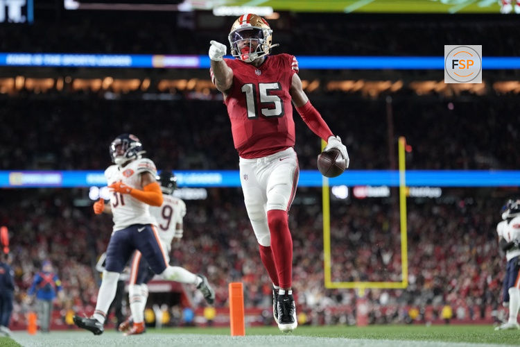 Dec 28, 2025; Santa Clara, California, USA; San Francisco 49ers wide receiver Jauan Jennings (15) runs to score a touchdown against the Chicago Bears in the second half at Levi's Stadium. Credit: Kyle Terada-Imagn Images
