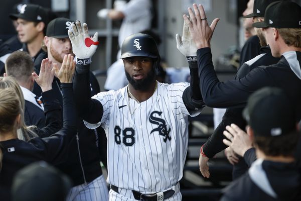 Apr 29, 2025; Chicago, Illinois, USA; Chicago White Sox center fielder Luis Robert Jr. (88) celebrates with teammates after hitting a solo home run against the Milwaukee Brewers during the first inning at Rate Field. Mandatory Credit: Kamil Krzaczynski-Imagn Images