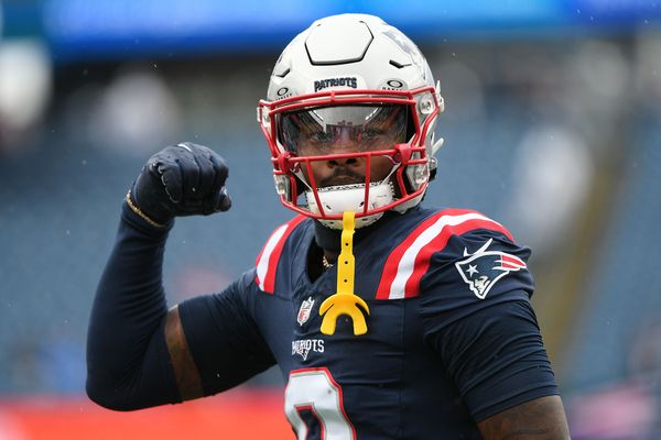 Sep 7, 2025; Foxborough, Massachusetts, USA; New England Patriots wide receiver Stefon Diggs (8) practices before the game against the Las Vegas Raiders at Gillette Stadium. Mandatory Credit: Bob DeChiara-Imagn Images