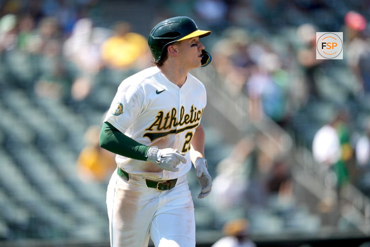Aug 12, 2026; West Sacramento, California, USA; Athletics second baseman Zack Gelof (20) looks on after hitting a home run against the Tampa Bay Rays in the eighth inning at Sutter Health Park. Credit: Cary Edmondson-Imagn Images