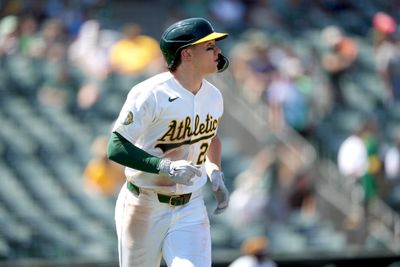 Aug 12, 2026; West Sacramento, California, USA; Athletics second baseman Zack Gelof (20) looks on after hitting a home run against the Tampa Bay Rays in the eighth inning at Sutter Health Park. Mandatory Credit: Cary Edmondson-Imagn Images
