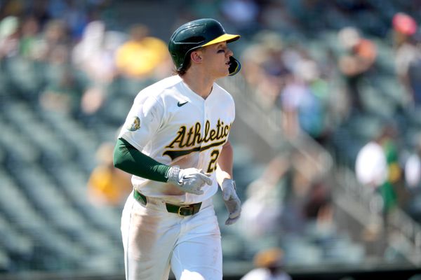 Aug 12, 2026; West Sacramento, California, USA; Athletics second baseman Zack Gelof (20) looks on after hitting a home run against the Tampa Bay Rays in the eighth inning at Sutter Health Park. Mandatory Credit: Cary Edmondson-Imagn Images