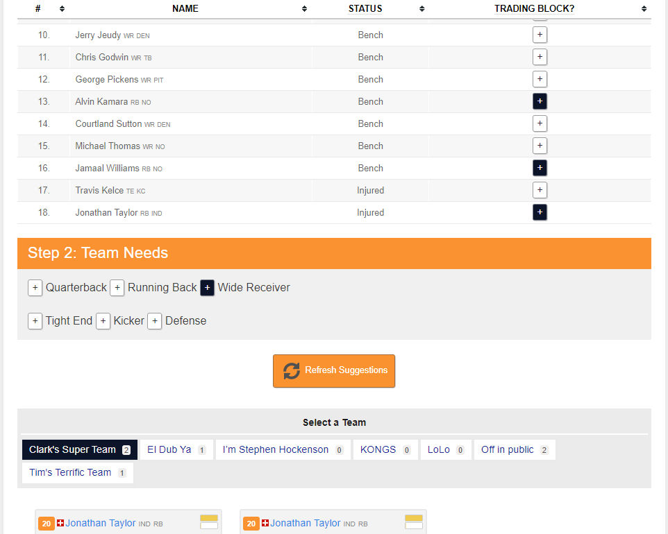 Create Trade suggestions by selecting team needs and players on the trade block